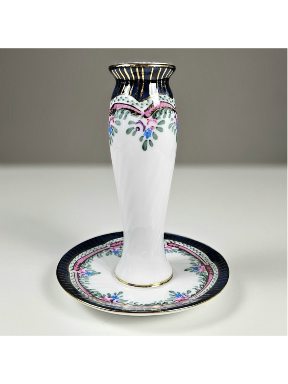 Vintage Porcelain Hatpin Holder with Attached Tray Blue & Gold Gilt Pink Floral